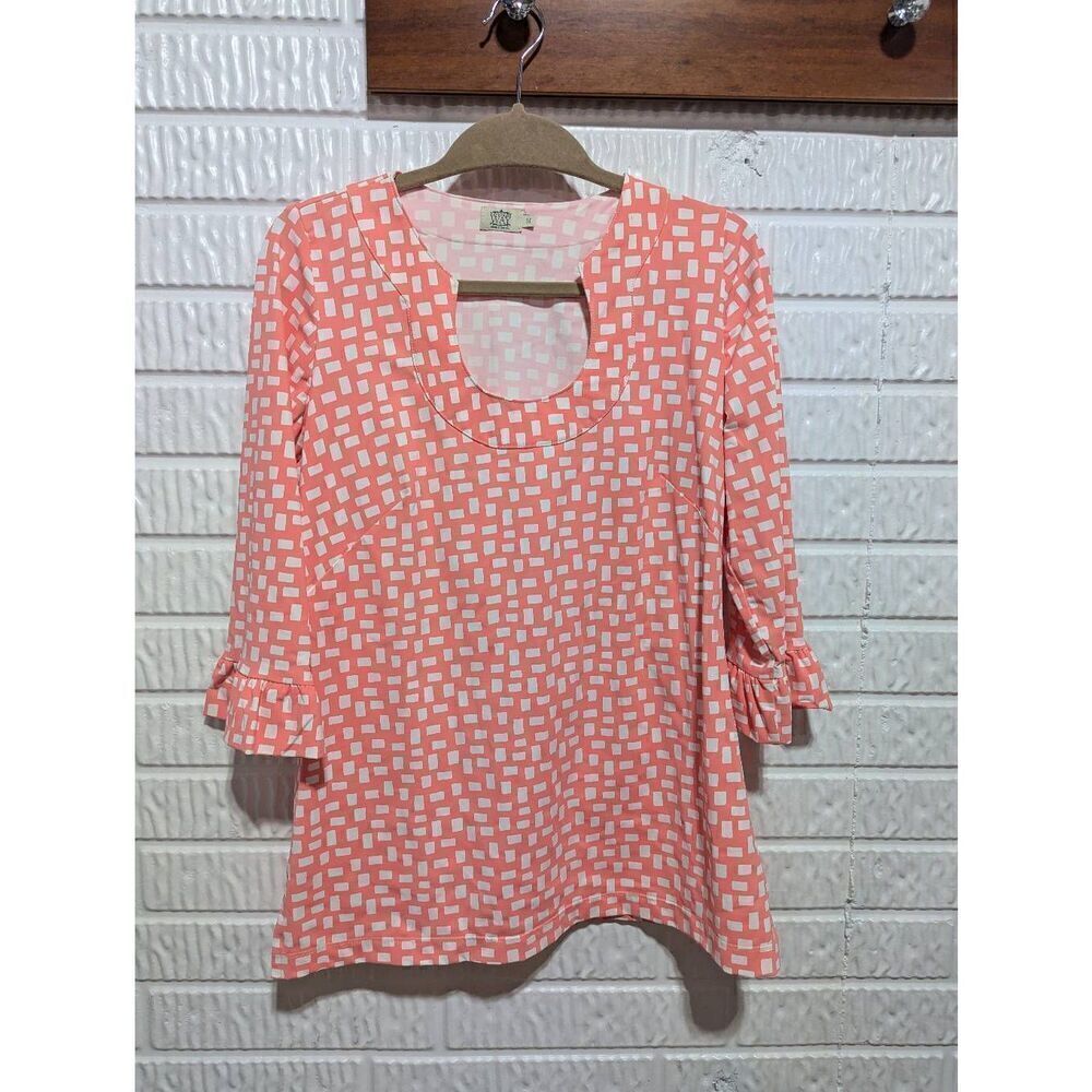 Katherine Way Women's Coral & White Abstract Pattern 3/4 Sleeve Tunic Top Size M